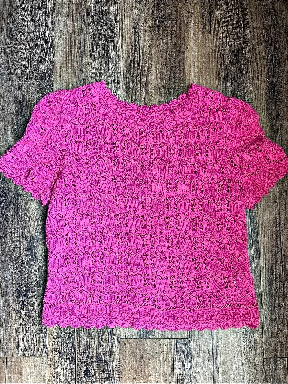 Anthropologie By Anthropologie Pointelle Short Sleeve Sweater Pink Medium